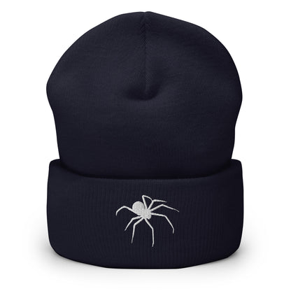 Embroidered Spider Cuffed Beanie, Spooky Spider Toque, White Arachnid Knit Cap