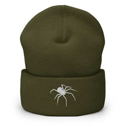 Embroidered Spider Cuffed Beanie, Spooky Spider Toque, White Arachnid Knit Cap