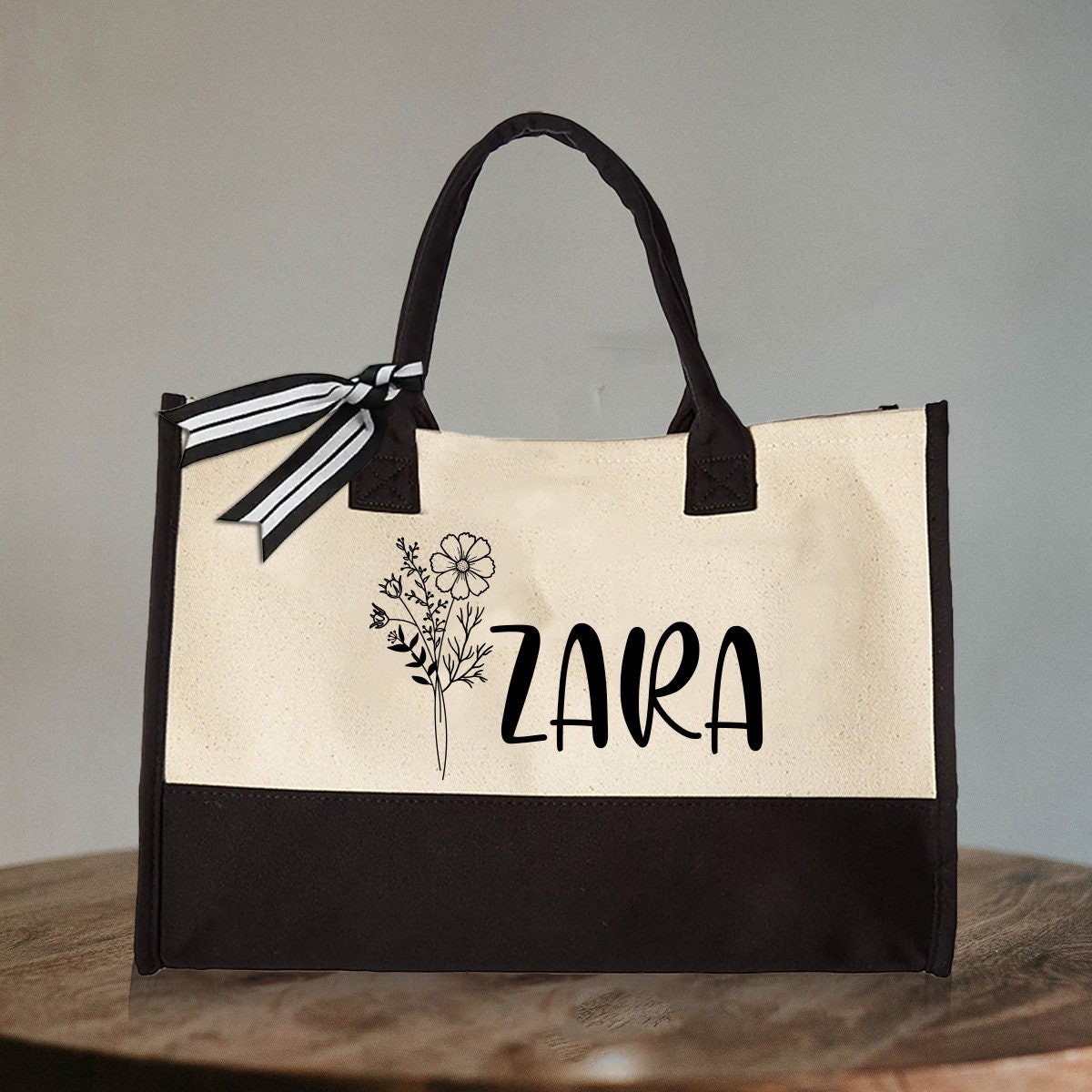 Floral Name Tote, Personalized Canvas Tote, Mothers Day Gifts, Gift for Her, Birth Month Flower Bag, Custom Tote Bag, Reusable Shopping Bag