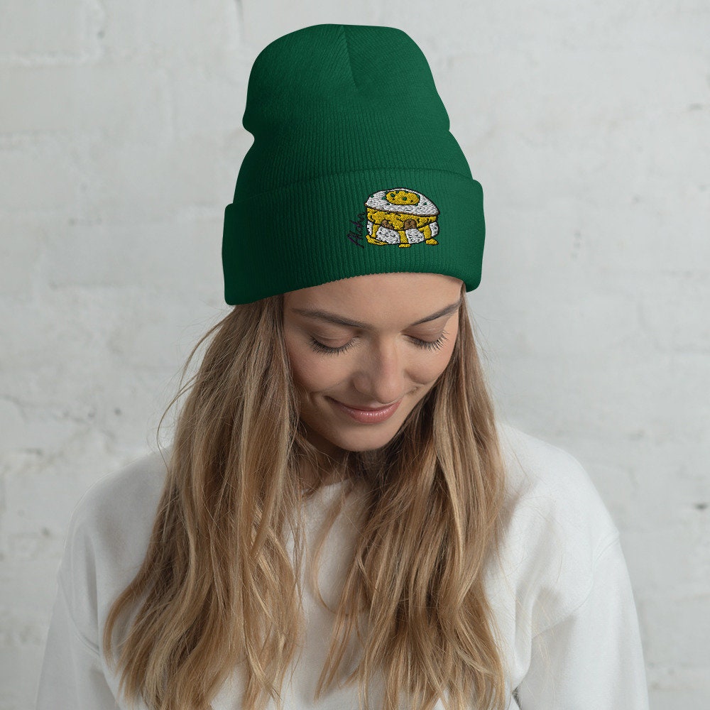 Bits of Aloha Loco Moco Cuffed Beanie, perfect for winters dreaming of Hawaii