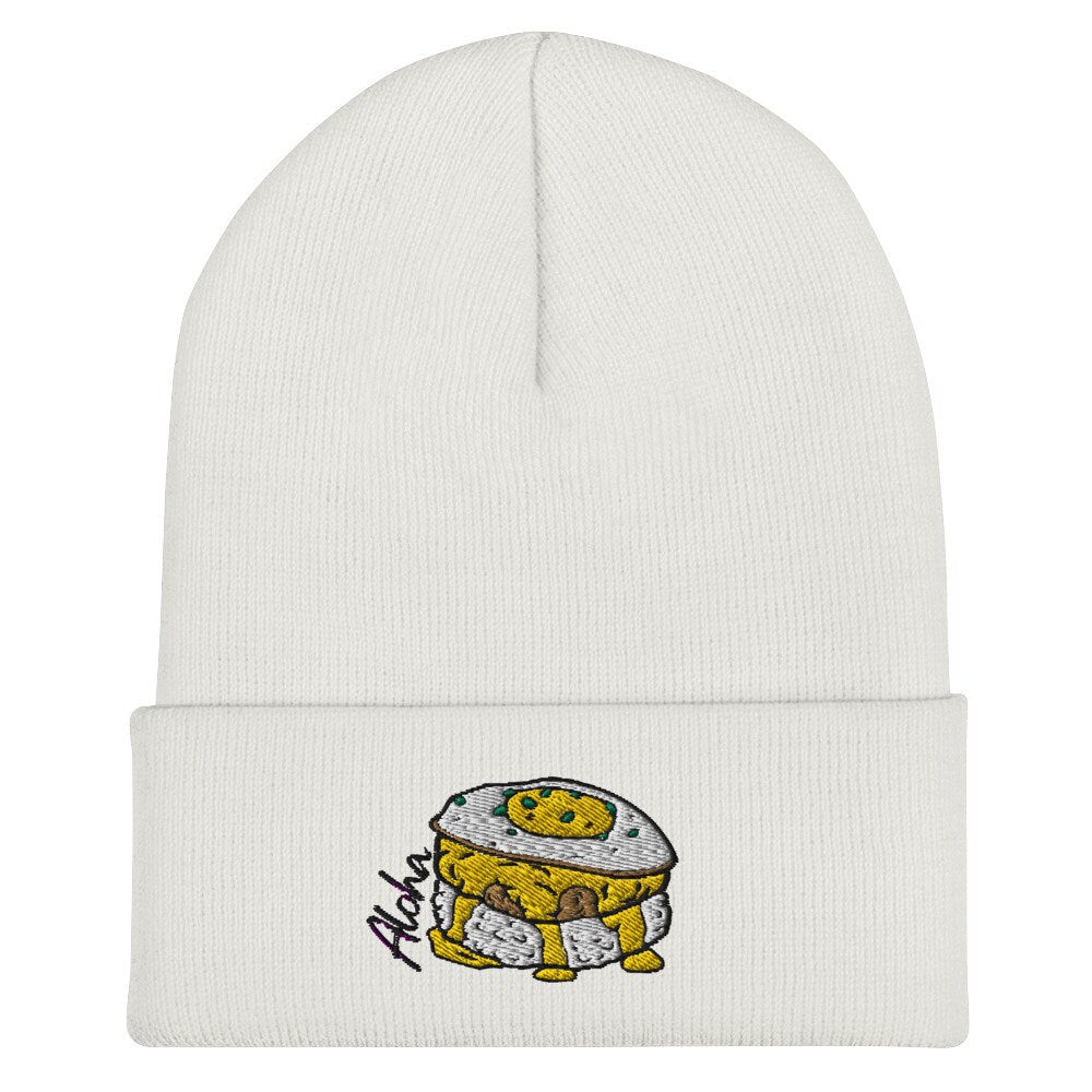 Bits of Aloha Loco Moco Cuffed Beanie, perfect for winters dreaming of Hawaii
