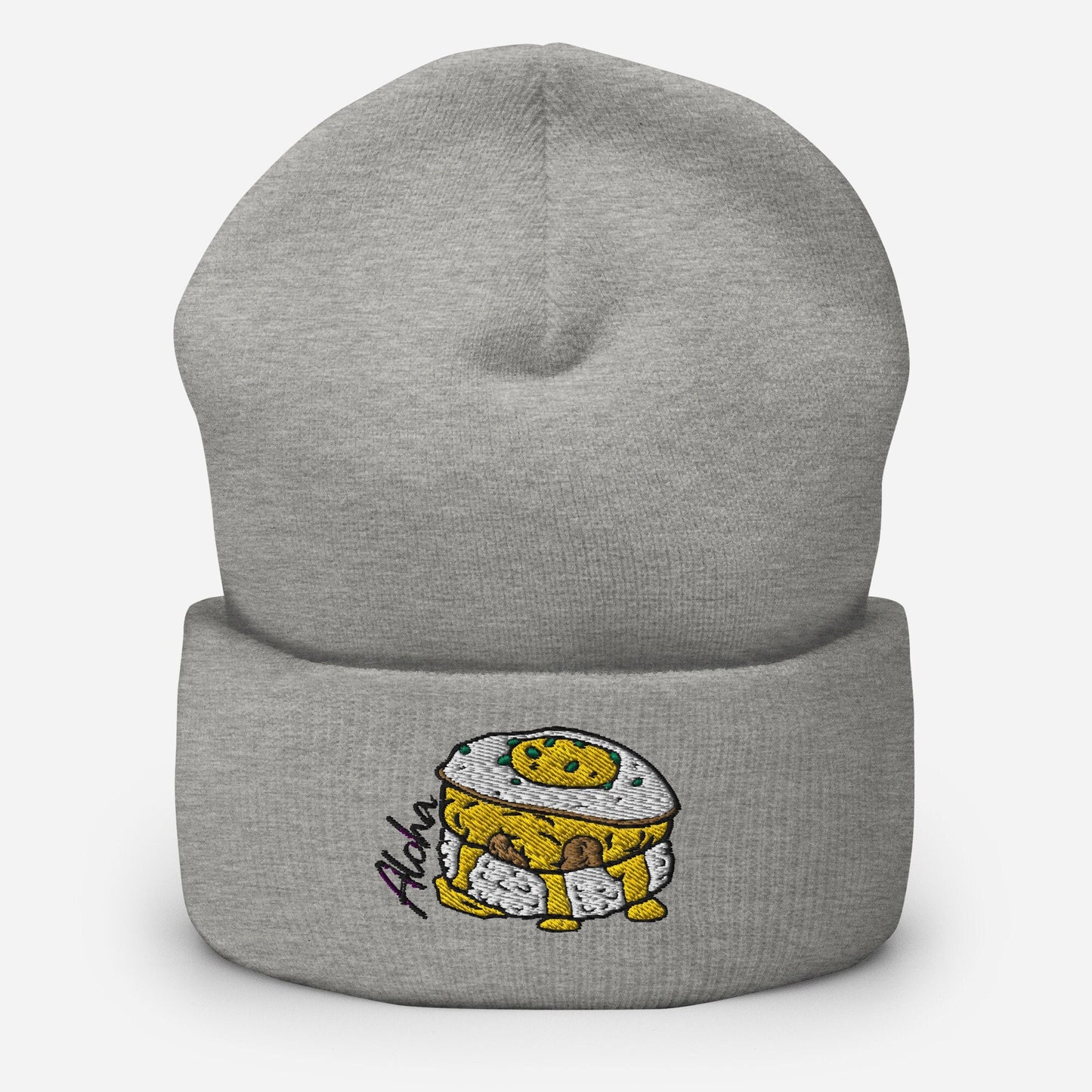 Bits of Aloha Loco Moco Cuffed Beanie, perfect for winters dreaming of Hawaii
