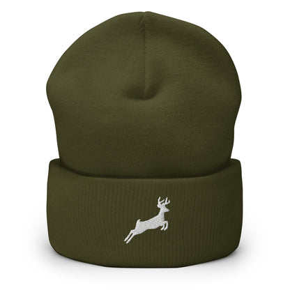 Embroidered Deer Beanie, Jumping Deer Toque, Nature Lover Woolly Hat, Outdoors Knit Cap