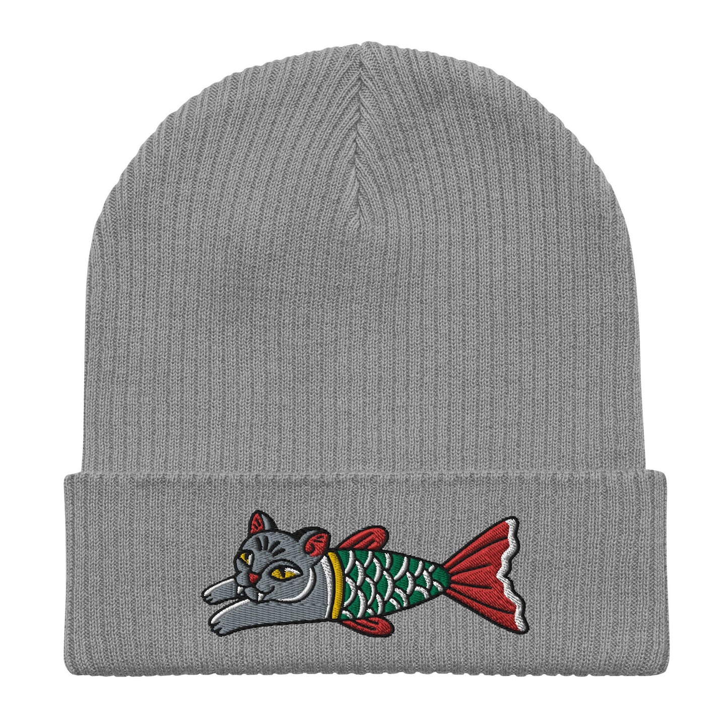 Cat Mermaid Embroidered Cuffed Beanie, Tattoo Inspired Clothing, Streetwear, Punk, Grunge, Alternative Tattoo Apparel, Ribbed Cat Beanie