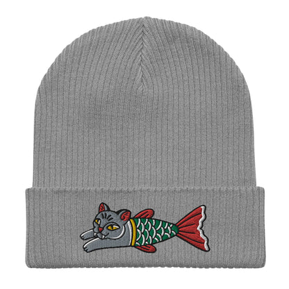 Cat Mermaid Embroidered Cuffed Beanie, Tattoo Inspired Clothing, Streetwear, Punk, Grunge, Alternative Tattoo Apparel, Ribbed Cat Beanie