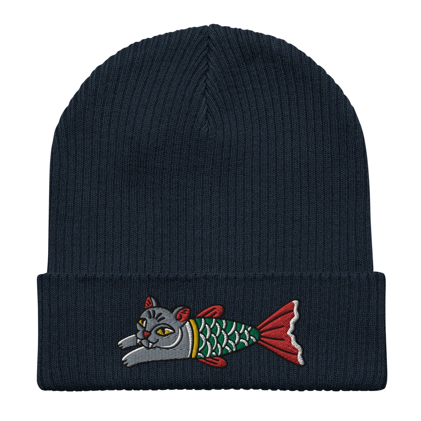 Cat Mermaid Embroidered Cuffed Beanie, Tattoo Inspired Clothing, Streetwear, Punk, Grunge, Alternative Tattoo Apparel, Ribbed Cat Beanie