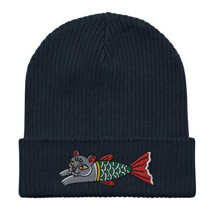Cat Mermaid Embroidered Cuffed Beanie, Tattoo Inspired Clothing, Streetwear, Punk, Grunge, Alternative Tattoo Apparel, Ribbed Cat Beanie