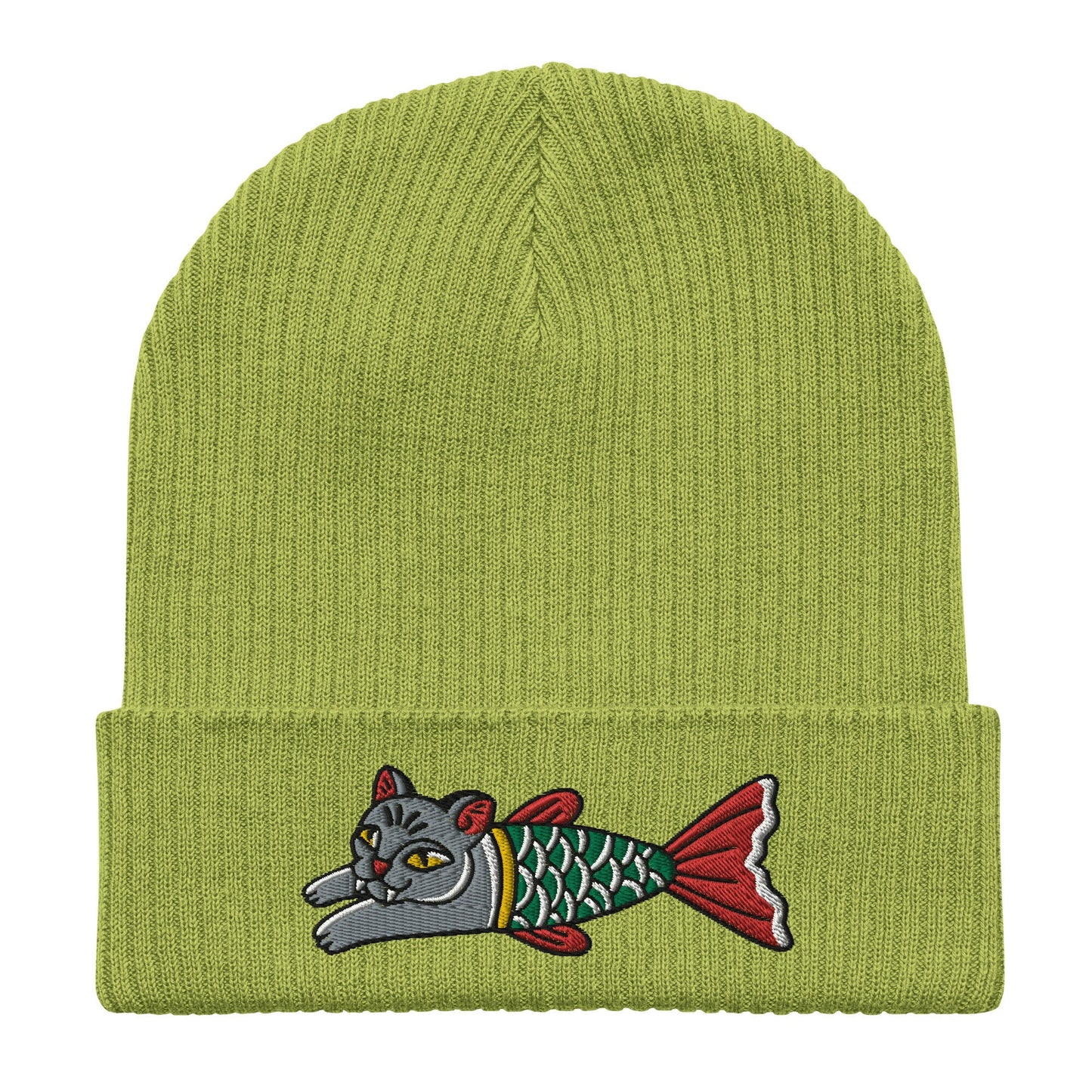 Cat Mermaid Embroidered Cuffed Beanie, Tattoo Inspired Clothing, Streetwear, Punk, Grunge, Alternative Tattoo Apparel, Ribbed Cat Beanie