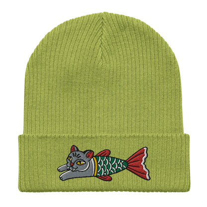 Cat Mermaid Embroidered Cuffed Beanie, Tattoo Inspired Clothing, Streetwear, Punk, Grunge, Alternative Tattoo Apparel, Ribbed Cat Beanie