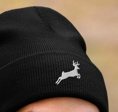 Embroidered Deer Beanie, Jumping Deer Toque, Nature Lover Woolly Hat, Outdoors Knit Cap