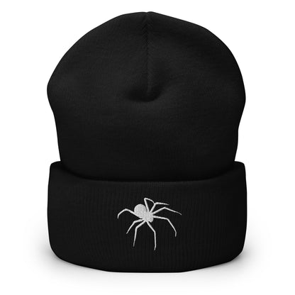 Embroidered Spider Cuffed Beanie, Spooky Spider Toque, White Arachnid Knit Cap