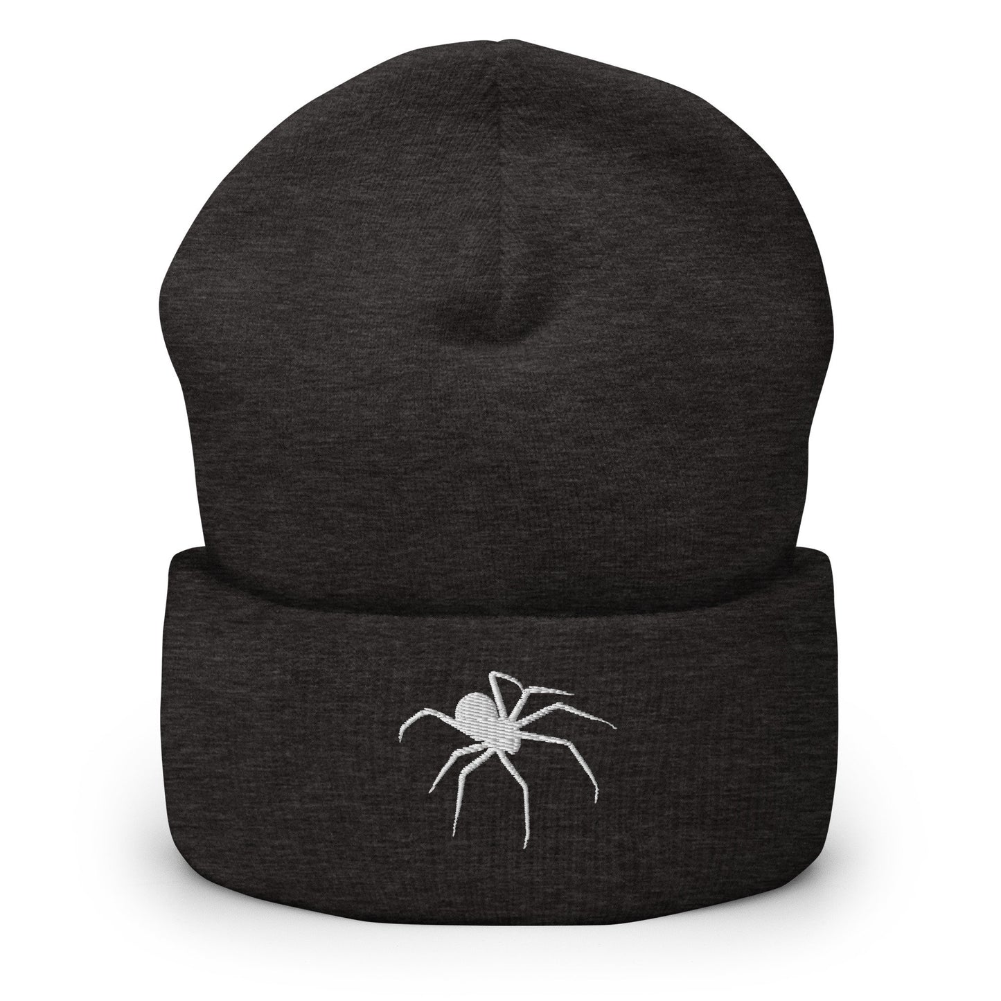 Embroidered Spider Cuffed Beanie, Spooky Spider Toque, White Arachnid Knit Cap