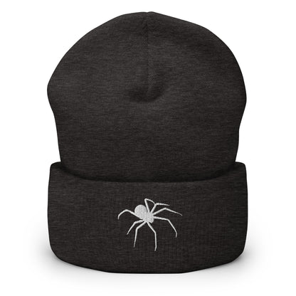 Embroidered Spider Cuffed Beanie, Spooky Spider Toque, White Arachnid Knit Cap