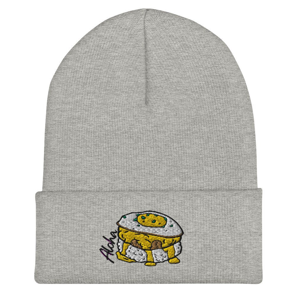 Bits of Aloha Loco Moco Cuffed Beanie, perfect for winters dreaming of Hawaii
