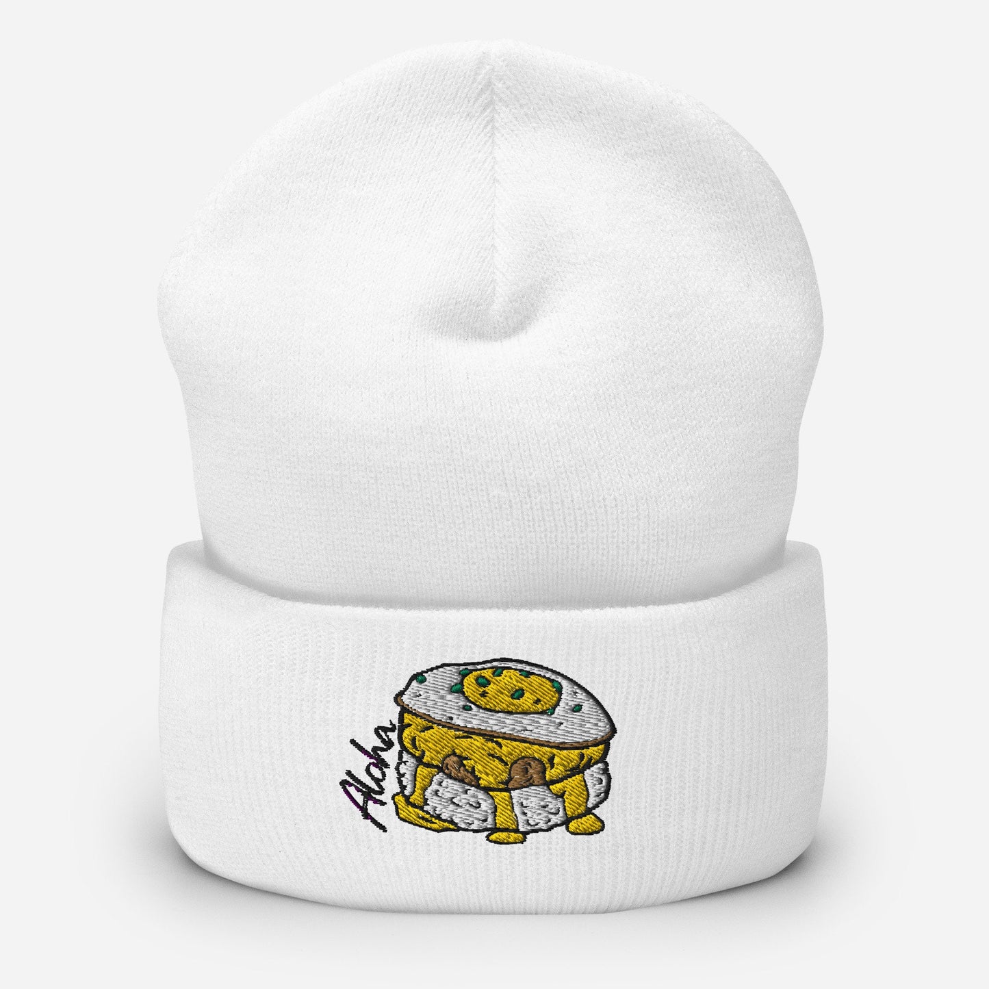 Bits of Aloha Loco Moco Cuffed Beanie, perfect for winters dreaming of Hawaii