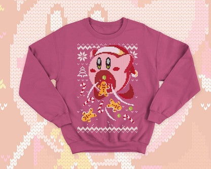 Kirby Ugly Christmas - Kawaii sweatshirt gift - Cute pink hungry Kirby - Sweets and cookies