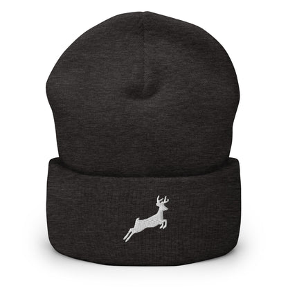 Embroidered Deer Beanie, Jumping Deer Toque, Nature Lover Woolly Hat, Outdoors Knit Cap