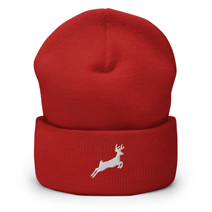 Embroidered Deer Beanie, Jumping Deer Toque, Nature Lover Woolly Hat, Outdoors Knit Cap