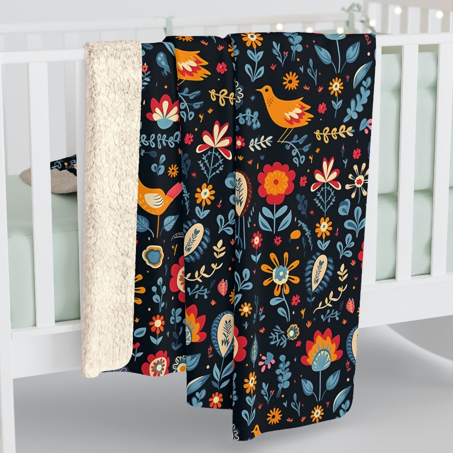 Swedish Folklore Sherpa Fleece Blanket, Scandinavian Bird Images Blanket, Nordic Design Sherpa Blanket, Swedish  Forest Images Blanket