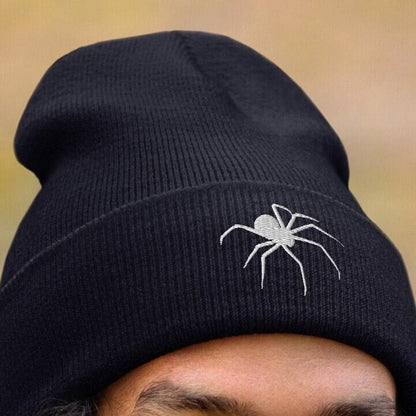 Embroidered Spider Cuffed Beanie, Spooky Spider Toque, White Arachnid Knit Cap