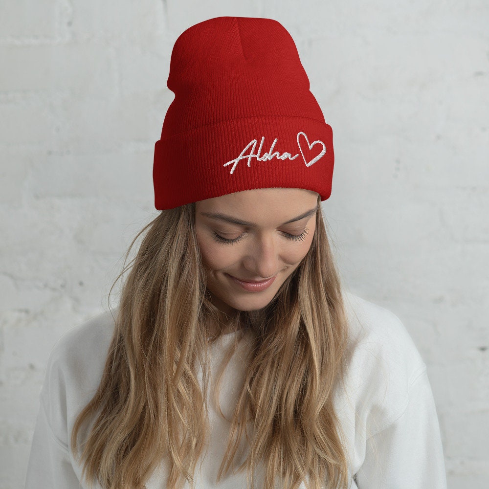 Aloha Love Embroidered Cuffed Beanie Winter Hawaii Aloha Vibes