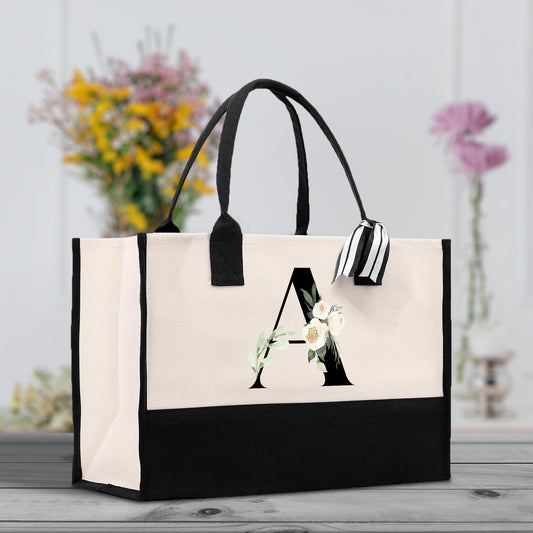 Floral Monogram Beach Canvas Tote Bag Initial Tote Bag Letter Tote Bag Birthday Gift Personalized Tote Bag Personalized Beach Bag