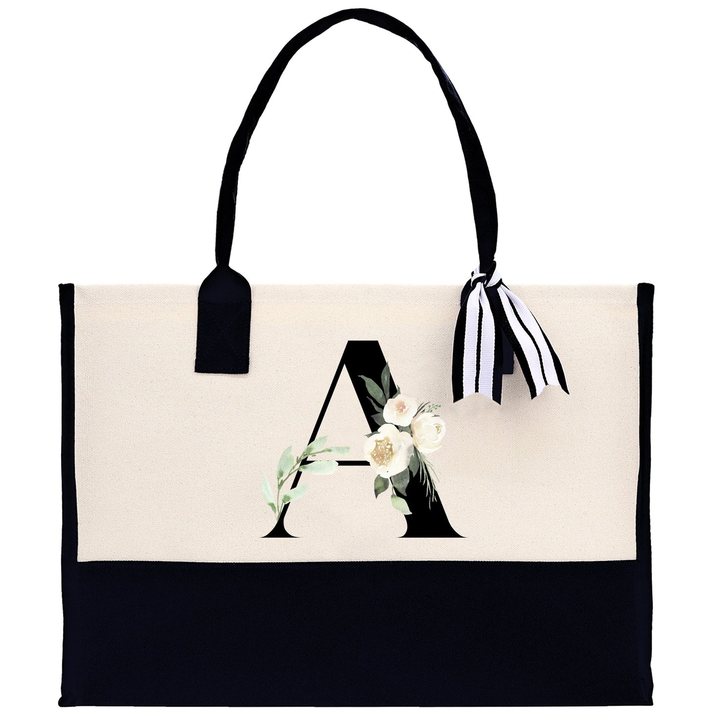 Floral Monogram Beach Canvas Tote Bag Initial Tote Bag Letter Tote Bag Birthday Gift Personalized Tote Bag Personalized Beach Bag