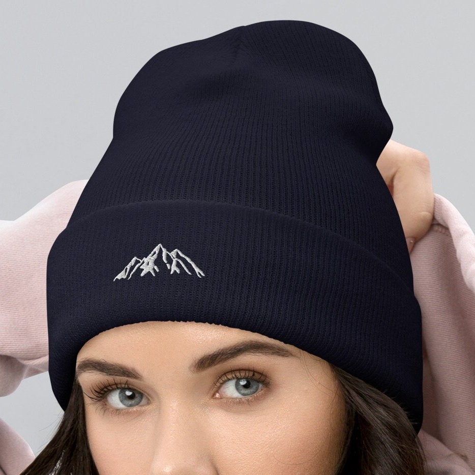 Embroidered Mountain Cuffed Beanie, Nature Inspired Hat, Outdoor Living Toque