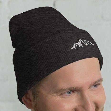 Embroidered Mountain Cuffed Beanie, Nature Inspired Hat, Outdoor Living Toque