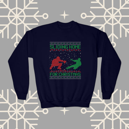 YOUTH Sliding Home for Christmas, Kids Baseball Christmas , Ugly Christmas , Funny Baseball Sweatshirt, Christmas
