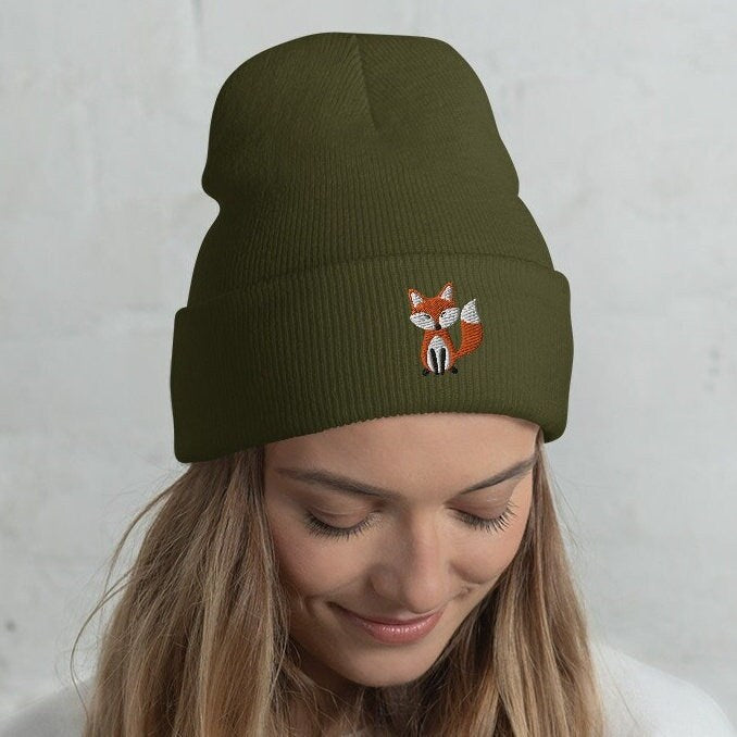 Embroidered Fox Beanie, Winter Warm Unisex Beanie Hat, Animal Lover Toque, Fox Lovers Gift Idea, Fox Beanie Hat for Kids or Adults