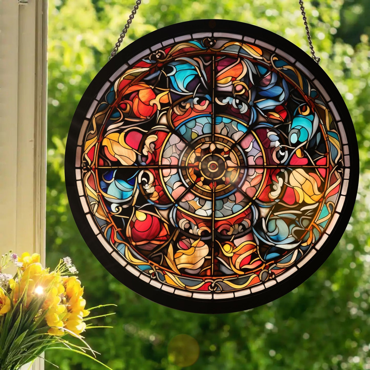 Abstract Floral: Stained Glass Style Window Hanging