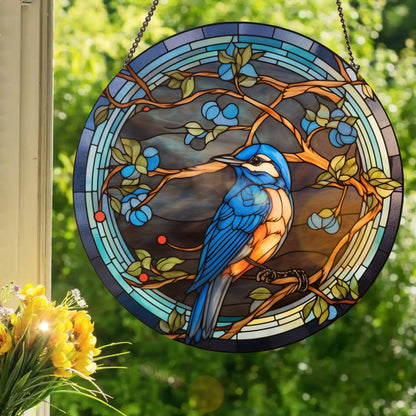 Stormy Bluebird: Stained Glass Style Window Hanging