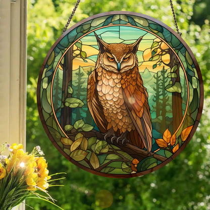 Forest Owl: Stained Glass Style Window Hanging