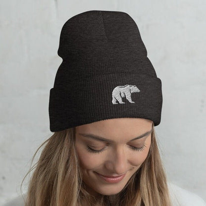 Embroidered Polar Bear Beanie, White Bear Walking Toque, Nature Inspired Woolly Hat