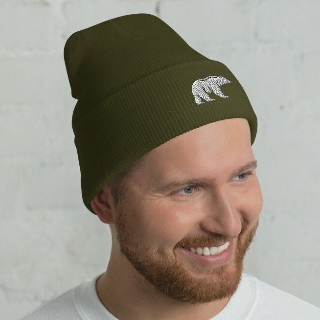 Embroidered Polar Bear Beanie, White Bear Walking Toque, Nature Inspired Woolly Hat
