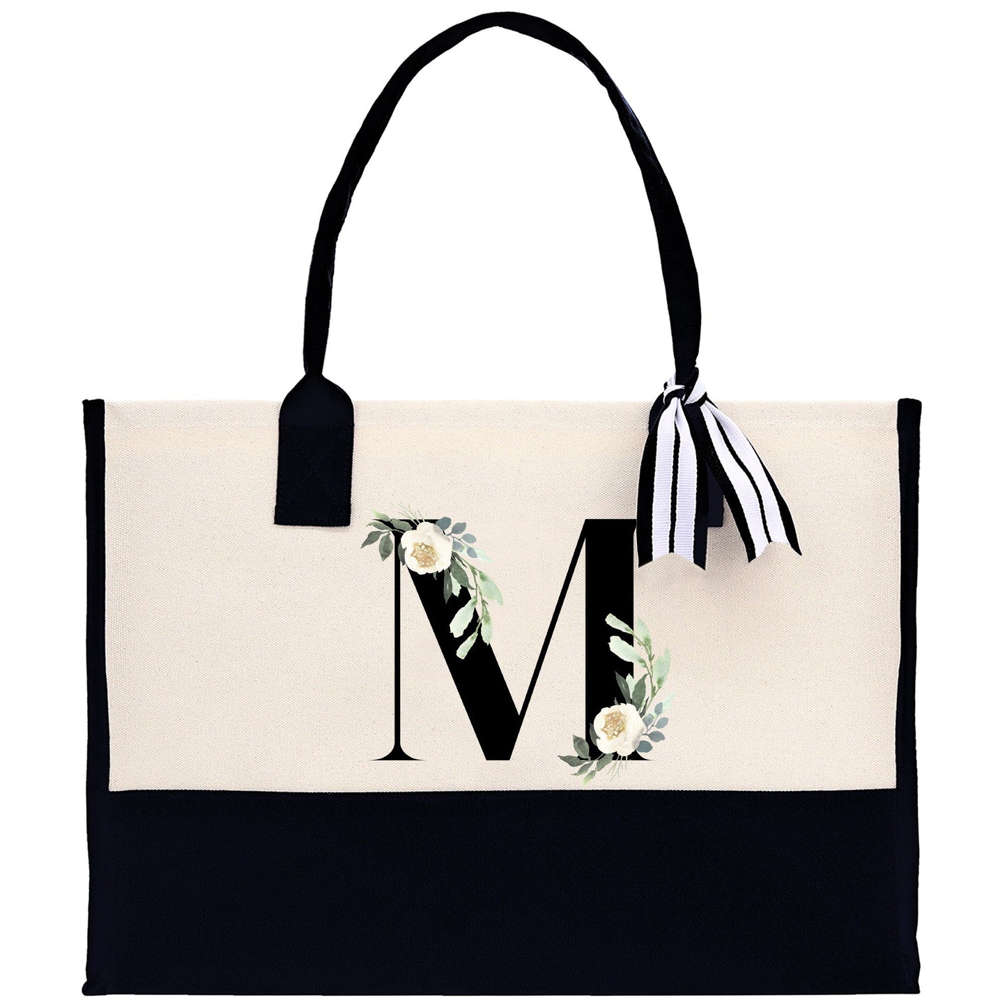 Floral Monogram Beach Canvas Tote Bag Initial Tote Bag Letter Tote Bag Birthday Gift Personalized Tote Bag Personalized Beach Bag
