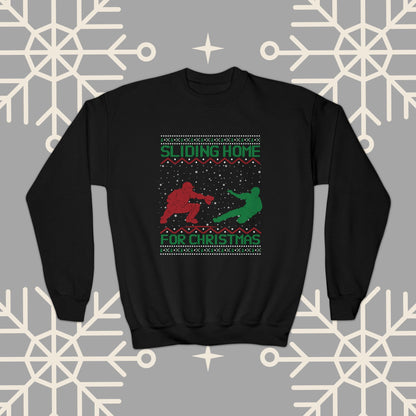 YOUTH Sliding Home for Christmas, Kids Baseball Christmas , Ugly Christmas , Funny Baseball Sweatshirt, Christmas
