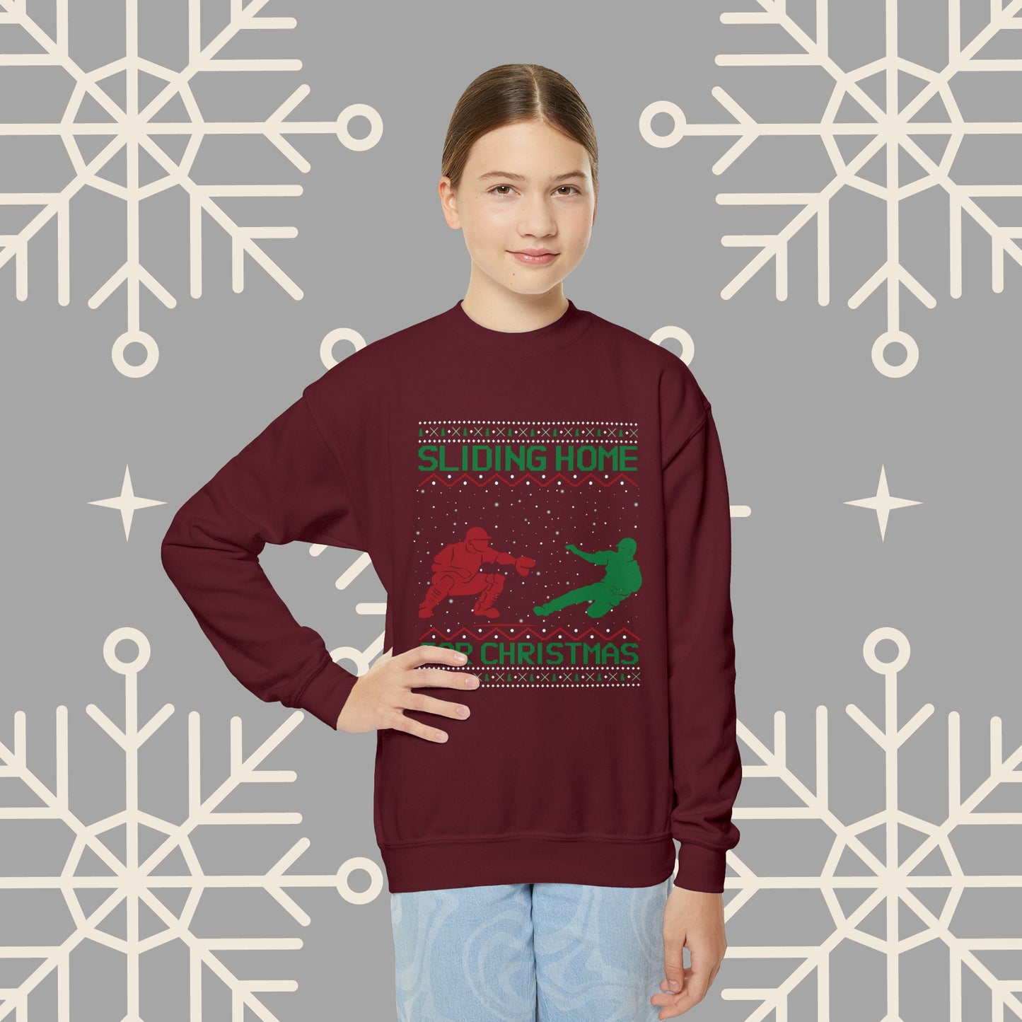 YOUTH Sliding Home for Christmas, Kids Baseball Christmas , Ugly Christmas , Funny Baseball Sweatshirt, Christmas