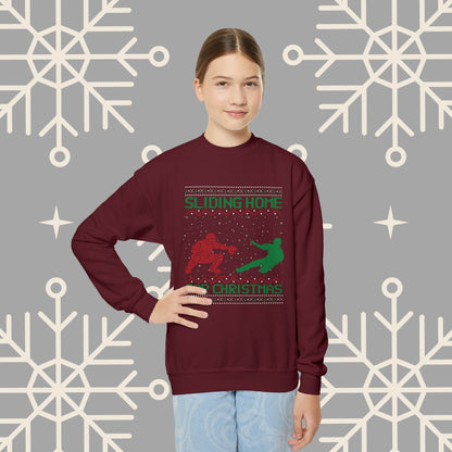 YOUTH Sliding Home for Christmas, Kids Baseball Christmas , Ugly Christmas , Funny Baseball Sweatshirt, Christmas