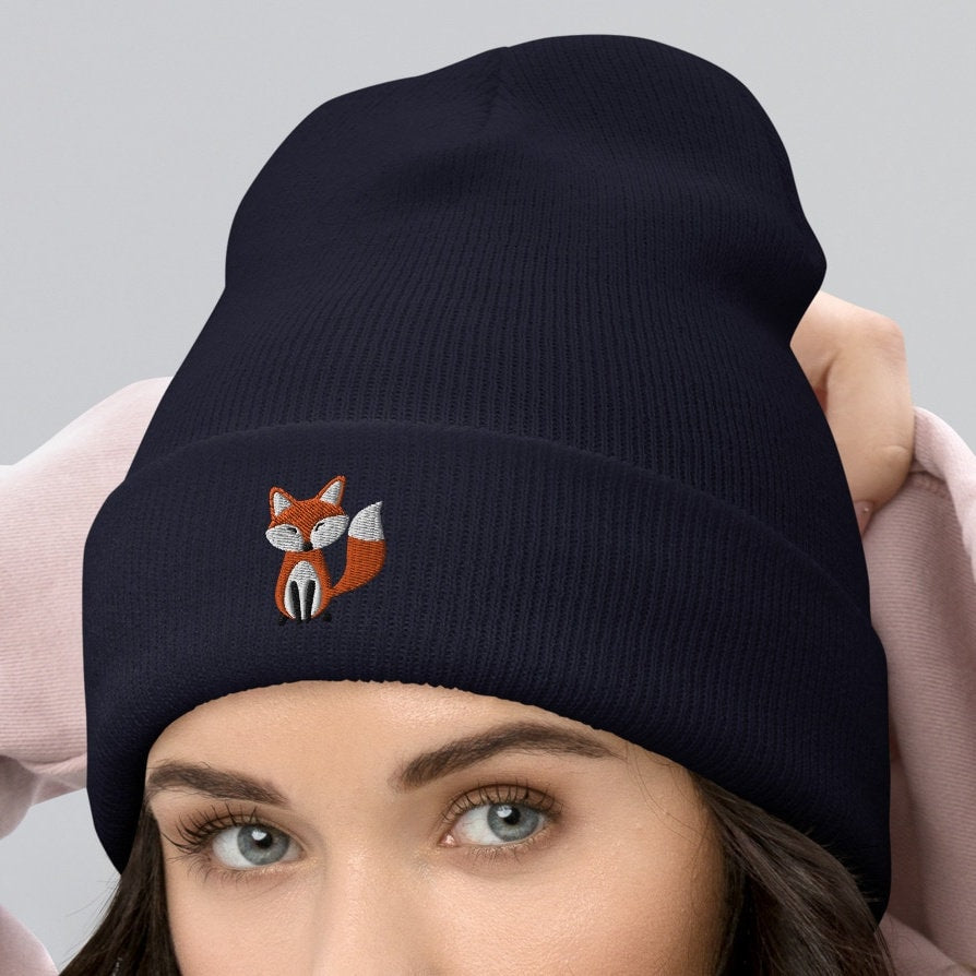 Embroidered Fox Beanie, Winter Warm Unisex Beanie Hat, Animal Lover Toque, Fox Lovers Gift Idea, Fox Beanie Hat for Kids or Adults