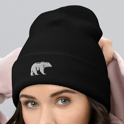 Embroidered Polar Bear Beanie, White Bear Walking Toque, Nature Inspired Woolly Hat