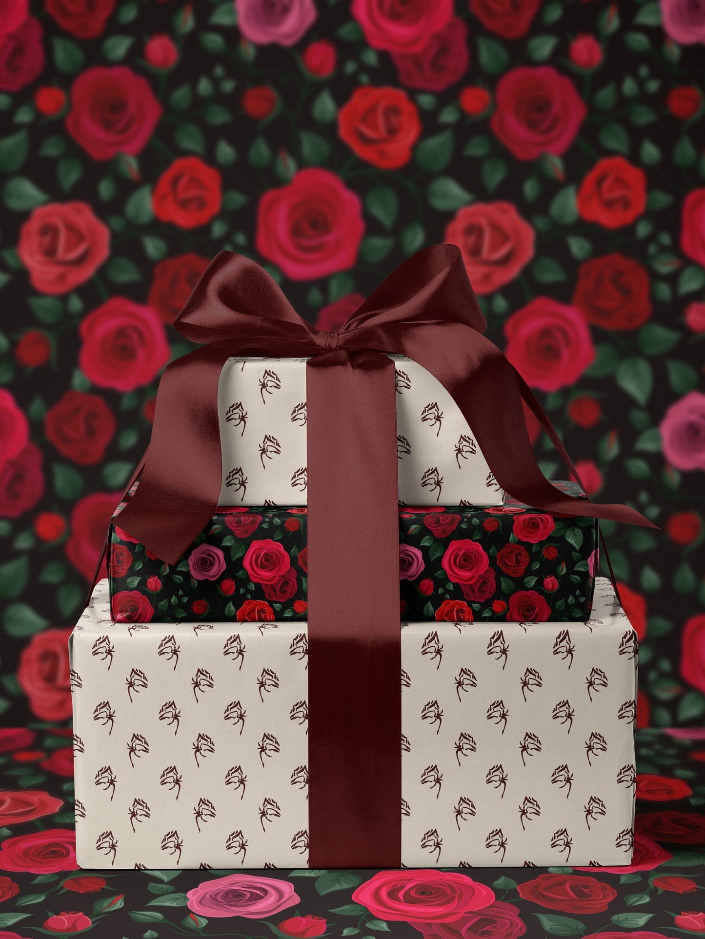 Red Rose Wrapping Paper Wedding Gift Wrap Botanical Flower Print Moody Flower Art Romantic Gift for Her Princess Birthday Party Gift Wrap