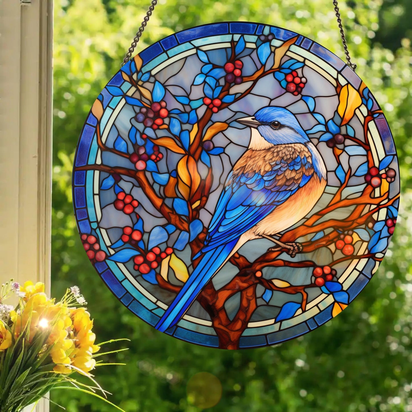 Red Berry Bluebird: Stained Glass Style Window Hanging