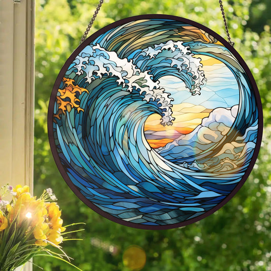 Ocean Waves #1: Stained Glass Style Window Hanging