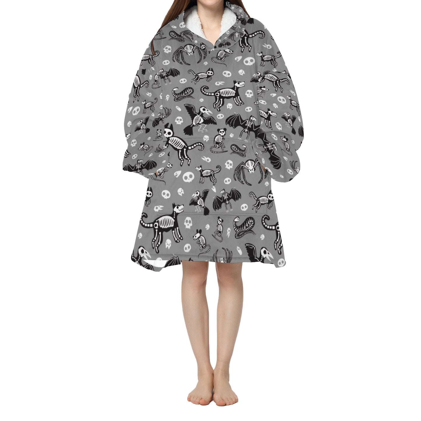 Grey Spooky Animal Skeletons Blanket Hooded Jumper Hoodie Winter Oversized Adults