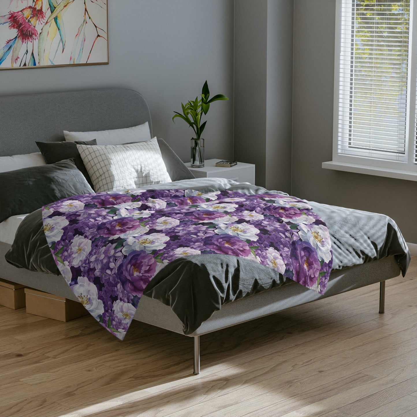 Purple Floral Throw Blanket, Lilac and Roses Fleece Blanket, Floral Home Decor Gift for Flower Lovers Nursery Decor Rose Baby Shower Gift