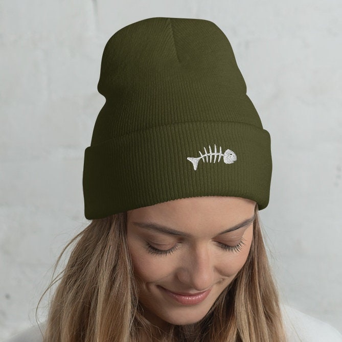 Skeleton Fish Beanie, Dead Fish Logo Skull Cap, Fish Bones Toque, Cool Fish Woolly Hat