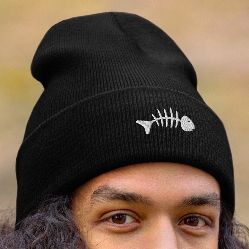 Skeleton Fish Beanie, Dead Fish Logo Skull Cap, Fish Bones Toque, Cool Fish Woolly Hat