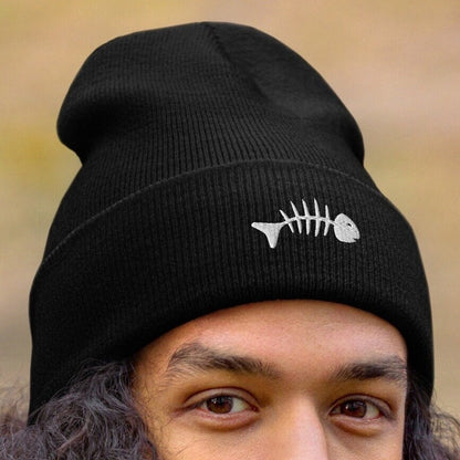 Skeleton Fish Beanie, Dead Fish Logo Skull Cap, Fish Bones Toque, Cool Fish Woolly Hat